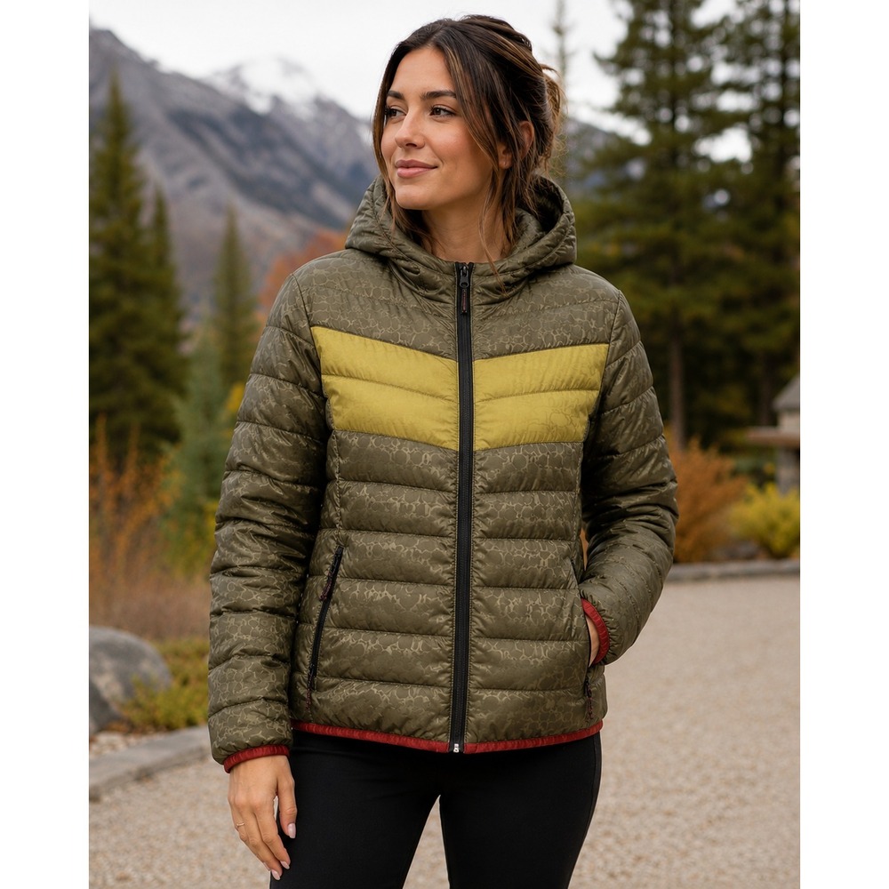 Coach Packable Hooded Down Jacket Color Olive With Red Accent Size M/L Monogram